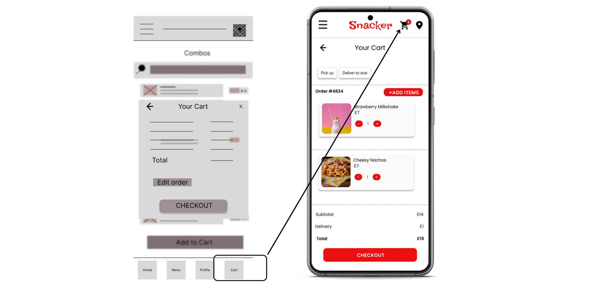 Cart screen before and after usability studies